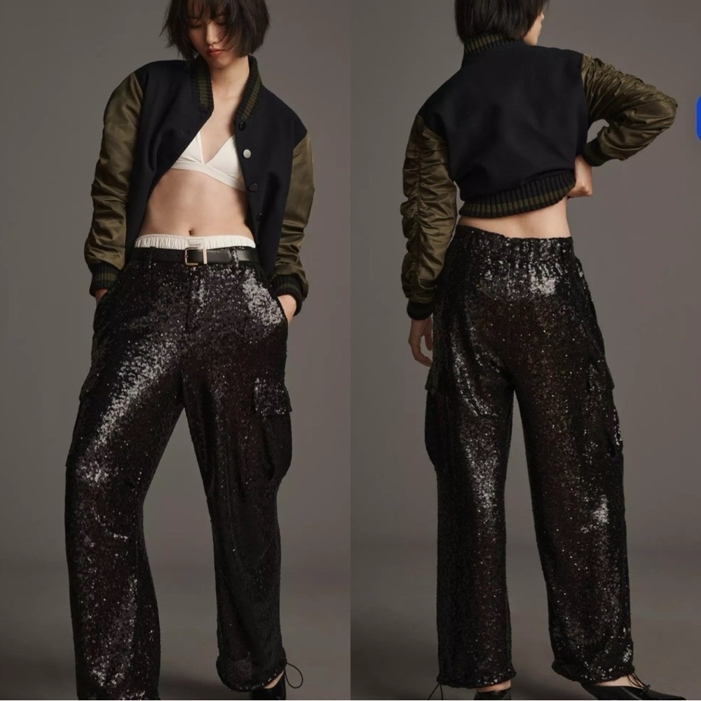 NWT ANTHROPOLOGIE Sequin Wide-Leg Cargo Black Pants Sz 12